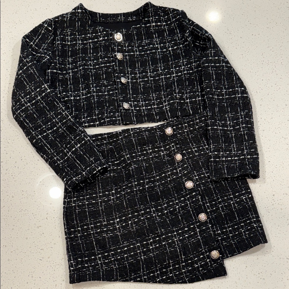 Stylish Black Tweed Women's Jacket & Skirt Set